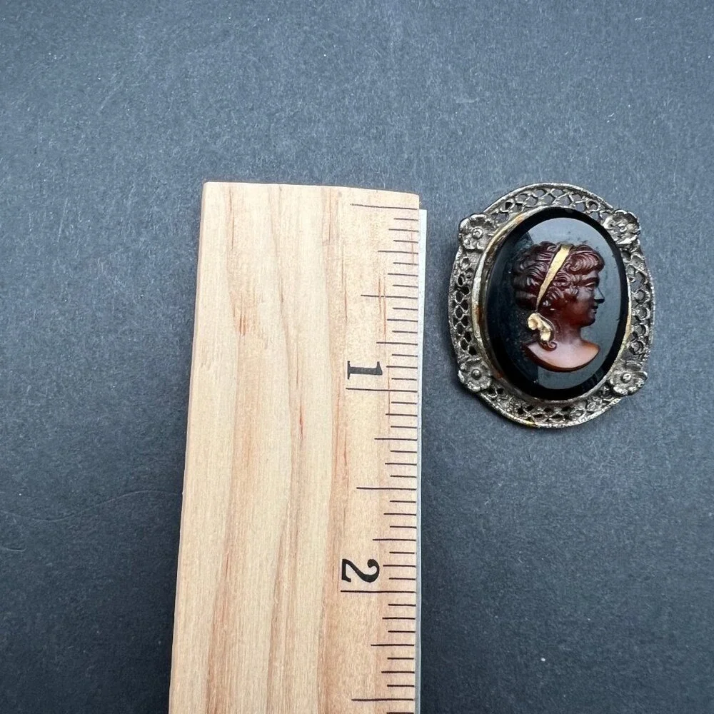 Vintage Glass Cameo Brooch Dark Brown Woman Right Facing Silver‎ Tone Frame